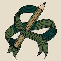 Abstract pencil with green ribbon design in retro style vector