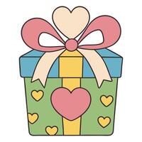 Pastel colored gift box with heart shaped patterns and ribbon in cartoon style vector