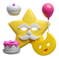 3D Cartoon Illustration of a Star with a Mustache, a Crescent Moon, a Cake, and a Balloon png