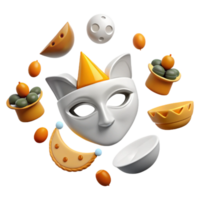 3D Rendered Cat Mask with Party Hat and Surrounding Objects png