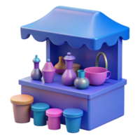 3D Render of a Colorful Market Stall with Stools and Various Pots png
