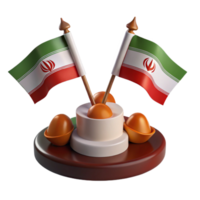 3D Render of Two Iranian Flags on a Stand with Decorative Eggs png