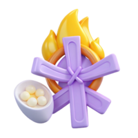 3D Render of a Purple Bonfire with Yellow Flames and a Bowl of Round Objects png
