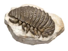 highly detailed trilobite fossil preserved in stone slab on isolated background png