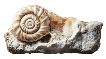 fossilized seashell embedded in a slab of rock on isolated background showing intricate spiral pattern and ancient geological formation png