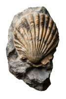 fossilized ridged seashell embedded in stone on isolated background showcasing detailed natural fossil structure and geological formation png