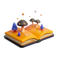3D Illustration of an Open Book with Mushrooms and Trees png