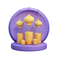 3D Render of Hanging Lanterns and Candles on a Purple Platform png