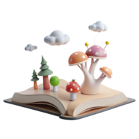 Open Book with Mushrooms, Trees, and Clouds png
