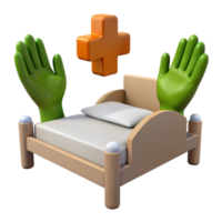 3D Render of a Bed with Hands Reaching Up and a Plus Sign png