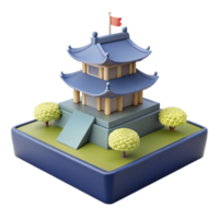 3D Render of a Blue Pagoda with Trees and a Red Flag png
