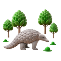 3D Render of a Pangolin with Trees and Mushrooms png