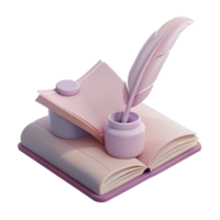 Open Book with Quill Pen and Inkwell 3D Render png