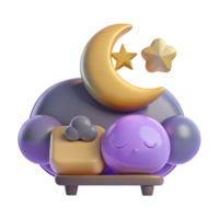 3D Rendered Illustration of a Sleeping Character with a Crescent Moon and Stars png