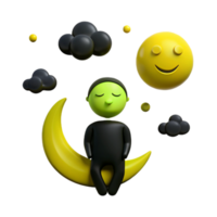3D Character Sleeping on Crescent Moon with Smiling Sun and Clouds png
