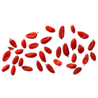 Dried goji berries vibrant red and slightly oblong piled on a transparent background viewed from png