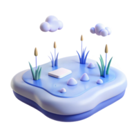 3D Rendered Scene with Pond, Clouds, and Grass png