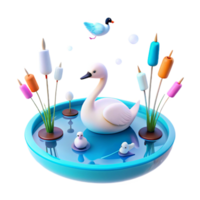 3D Illustration of a Swan in a Pond with Cattails and Ducks png