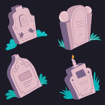 Gothic cemetery tombstones and graves with candles and flowers
