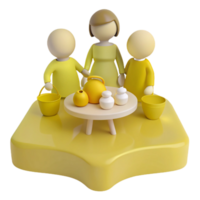 3D Render of Family at Table with Teapot and Pots png