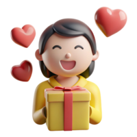 Happy 3D Character Holding a Gift Box and Surrounded by Hearts png