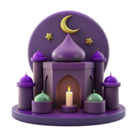 3D Render of a Mosque with a Lit Candle and a Crescent Moon png