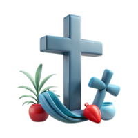 3D Render of a Cross with a Plant, Fabric, and a Small Cross png