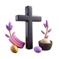 3D Render of a Cross with Spring Flowers and Eggs png