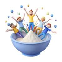 Joyful 3D Characters Celebrating in a Bowl of Whipped Cream png