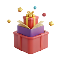 Stacked 3D Gift Boxes with Bow and Floating Ornaments png