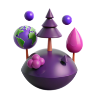 3D Render of a Purple Planet with Trees and Floating Spheres png