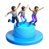 Three 3D Cartoon Characters Jumping on a Blue Platform png