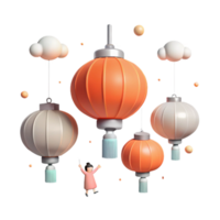 3D Render of Hanging Lanterns with Clouds and a Small Figure png