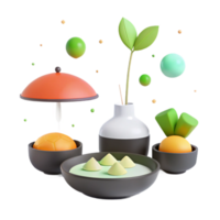 3D Rendered Still Life with Green Leaves, Bowls, and Orange Objects png