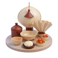 3D Rendered Table Setting with Bowls, Dishes, and a Lamp png