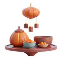 3D Render of Pumpkin-Themed Table Setting with Teapot, Bowls, and Hanging Lantern png