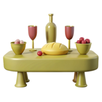 3D Rendered Table Setting with Bread, Wine, and Fruit png
