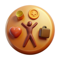3D Render of a Person with Happiness, Health, Love, and Travel Icons png