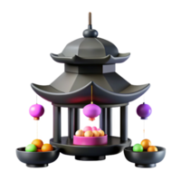 3D Render of a Pagoda with Lanterns and Bowls png
