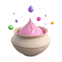 Whimsical 3D Render of Pink Whipped Cream in a Pot with Colorful Droplets png