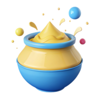 Colorful 3D Render of a Jar with Overflowing Yellow Substance and Floating Spheres png