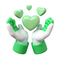 Green Heart in Open Hands 3D Illustration of Love and Care png