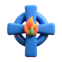 3D Render of a Blue Cross with a Flame in the Center png