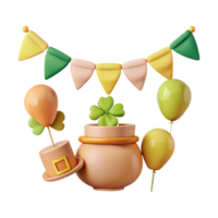 3D Render of a Pot of Gold with a Four-Leaf Clover and Balloons png