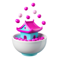 Pink and Blue 3D House in a Bowl with Floating Spheres png