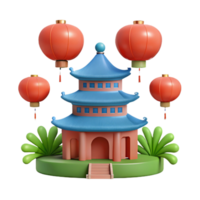 3D Render of Asian Pagoda with Lanterns png