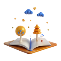 3D Rendered Open Book with Trees and Clouds png