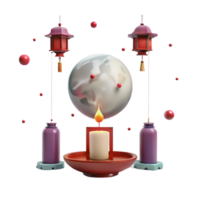 3D Rendered Festive Scene with Lanterns, Candle, and Sphere png