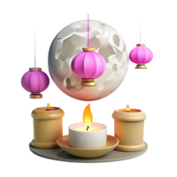 3D Render of Pink Lanterns and Candles with a Moon png