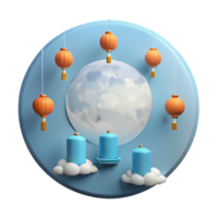 3D Render of Lanterns and Candles on Clouds with Moon in Background png